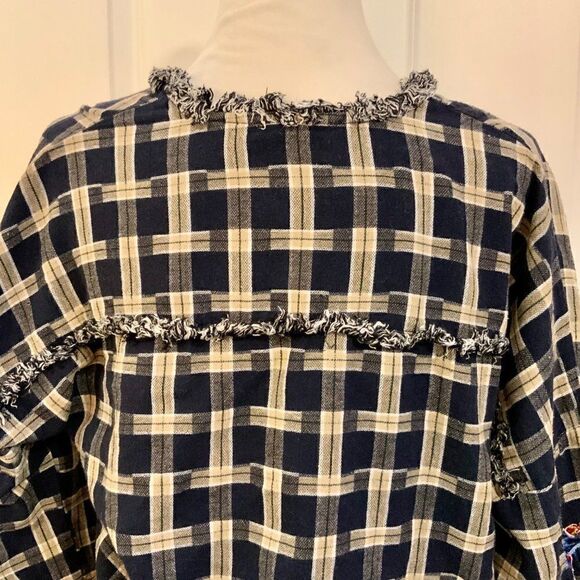 Sweewe Paris Blue Plaid Embroidered Sleeve Fringe Cropped Sleeve Cotton Top Sm - Picture 7 of 11